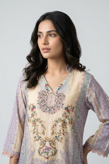 Mauve Crepe Readymade Suit Set With Plazzo