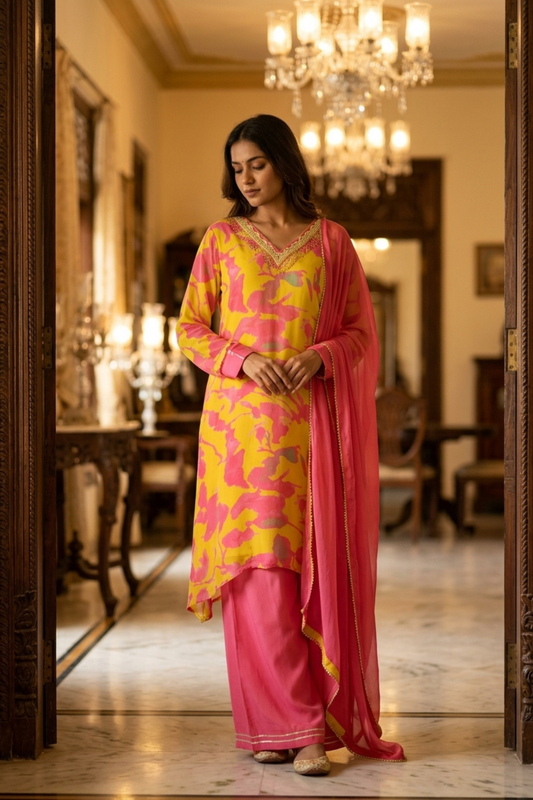 Pista Gajari Crepe Readymade Suit Set With Plazzo & Chinon Dupatta
