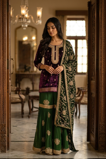 Garnet Velvet Readymade Sharara Set With Velvet Dupatta