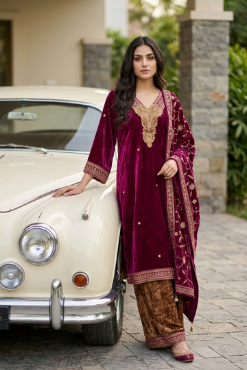 Maroon Velvet Readymade Suit Set With Velvet Dupatta