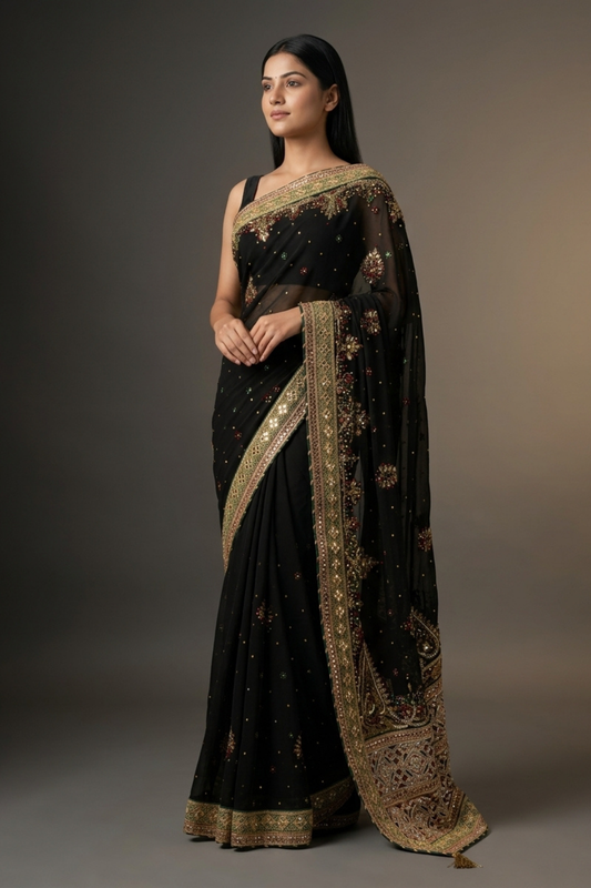 Black Georgette Embroidered Saree With Unstitched Blouse