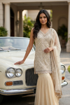 Off White Georgette Readymade Sharara Set With Net Dupatta