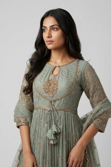 Tea-Green Georgette Readymade Sharara Set With Net Dupatta
