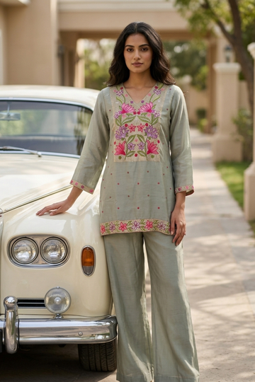 Olive Crepe Readymade Suit Set With Palazzo