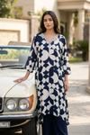 White & Black Crepe Readymade Suit Set With Chiffon Dupatta