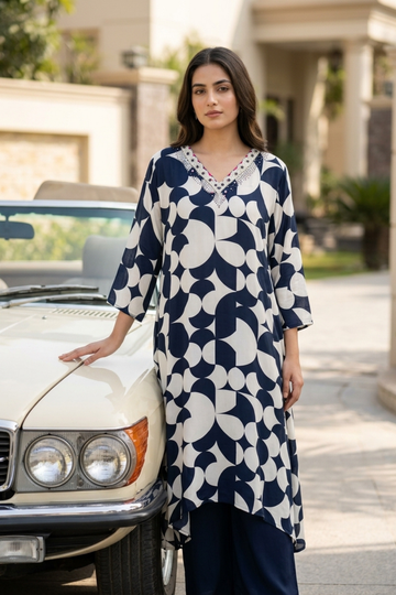 White & Black Crepe Readymade Suit Set With Chiffon Dupatta