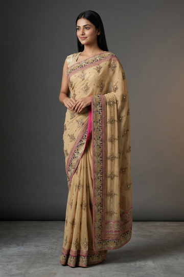 Tussar Chiffon Embroidered Saree With Unstitched Blouse