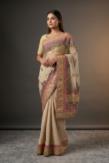 Tussar Net Georgette Embroidered Saree With Unstitched Blouse