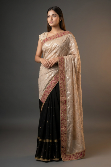 Black Tussar Georgette Embroidered Saree With Unstitched Blouse
