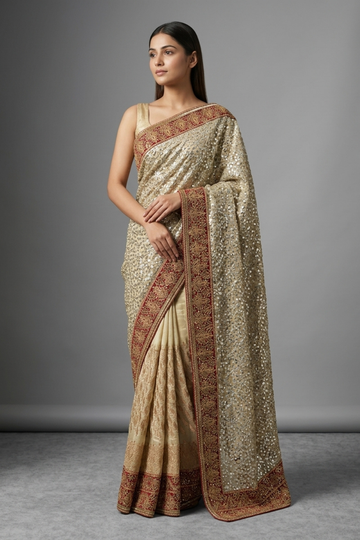 Tussar Georgette Embroidered Saree With Unstitched Blouse