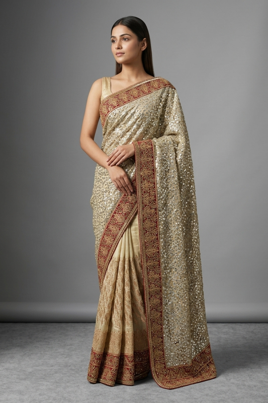 Tussar Georgette Embroidered Saree With Unstitched Blouse