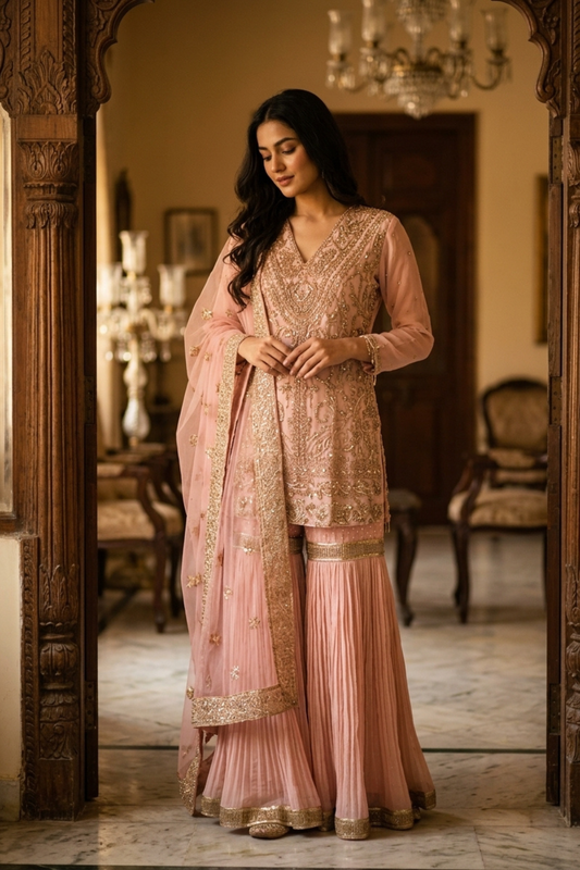 Peach Georgette Readymade Sharara Set With Net Dupatta