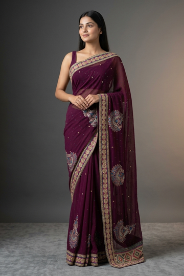 Garnet Chiffon Embroidered Saree With Unstitched Blouse
