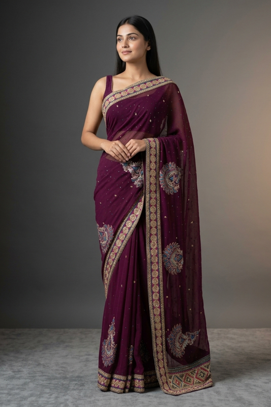 Garnet Chiffon Embroidered Saree With Unstitched Blouse