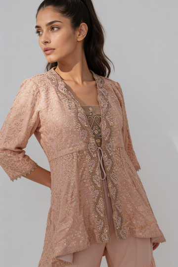 Peach Georgette Readymade Sharara Set With Shrug