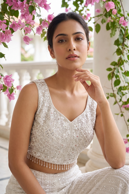 White Georgette Readymade Sharara Set With Georgette Duppata