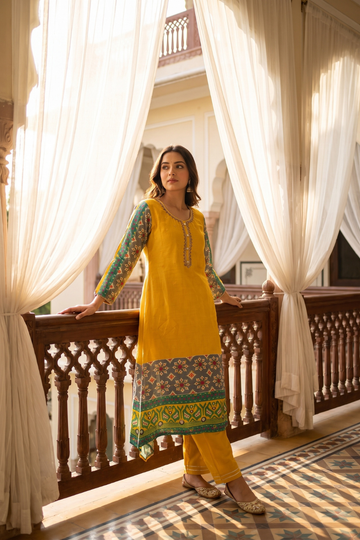 Mustard Dola Readymade Suit Set With Chiffon Dupatta