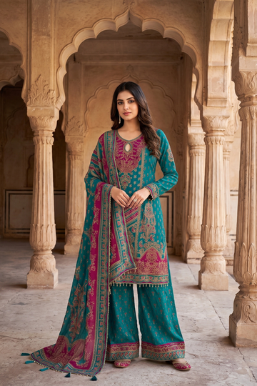 Rama Crepe Readymade Suit Set With Chinon Dupatta
