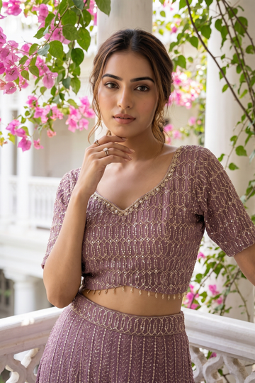 Mauve Georgette Readymade Sharara Set With Georgette Dupatta