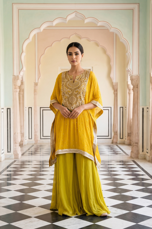 Lemon Gold Georgette Readymade Sharara Set