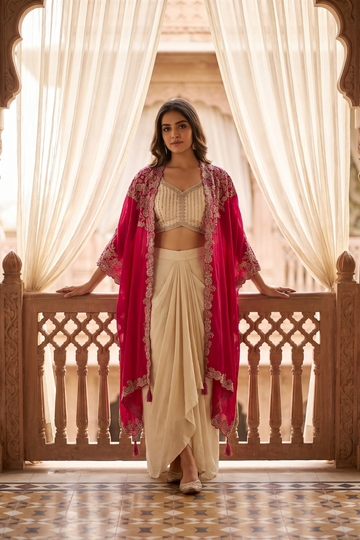 Tussar Rani Chinon Readymade Sharara Set With Shrug