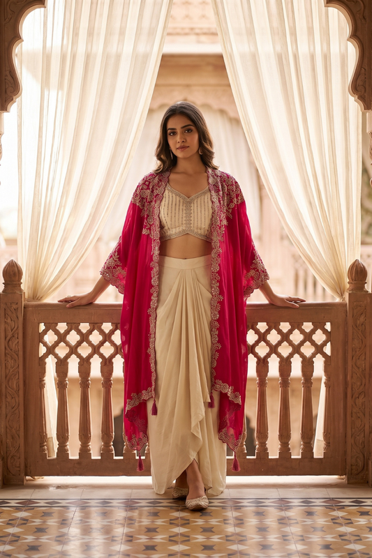 Tussar Rani Chinon Readymade Dhoti Skirt Set With Shrug