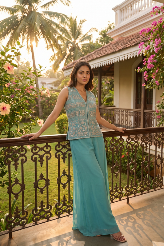 Tea-Green Shimmer Readymade Sharara Set With Shimmer Dupatta