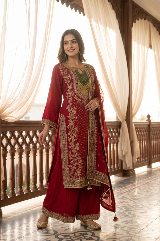 Maroon Crepe Readymade Sharara Set With Georgette Dupatta