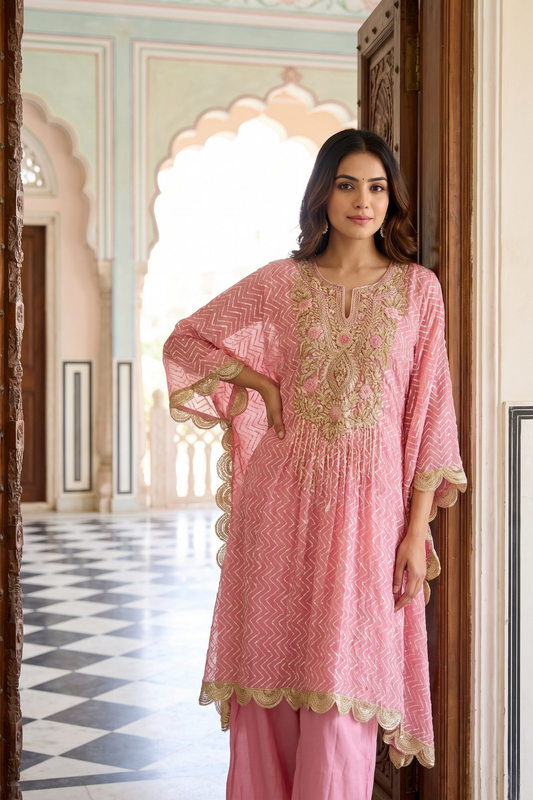 Gajari Georgette Readymade Suit Set With Plazzo