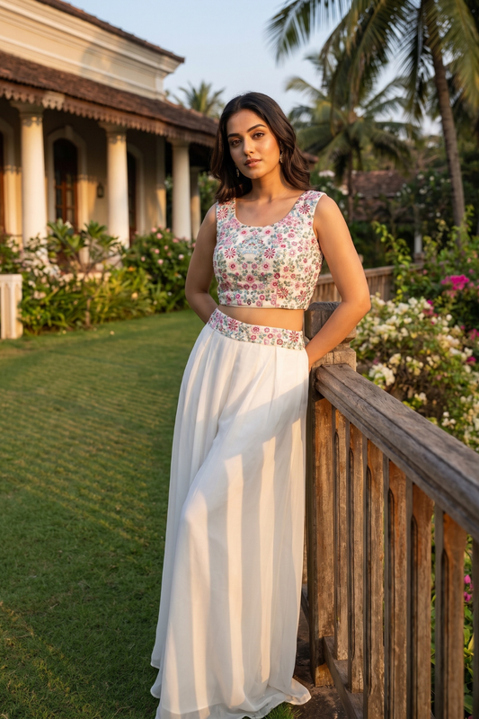 White Chinon Readymade Dhoti Skirt Set With Shrug