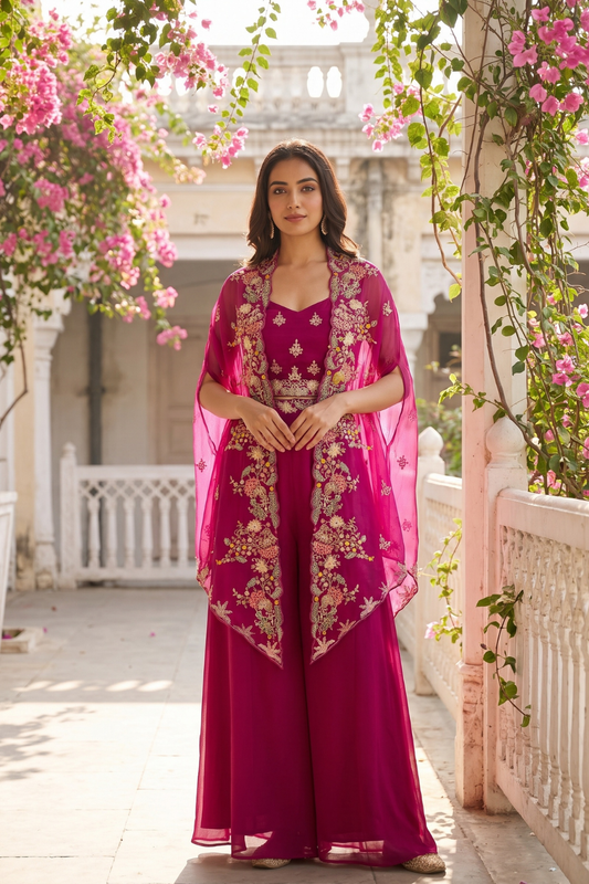 Rani Organza Readymade Dhoti Skirt Set With Shrug