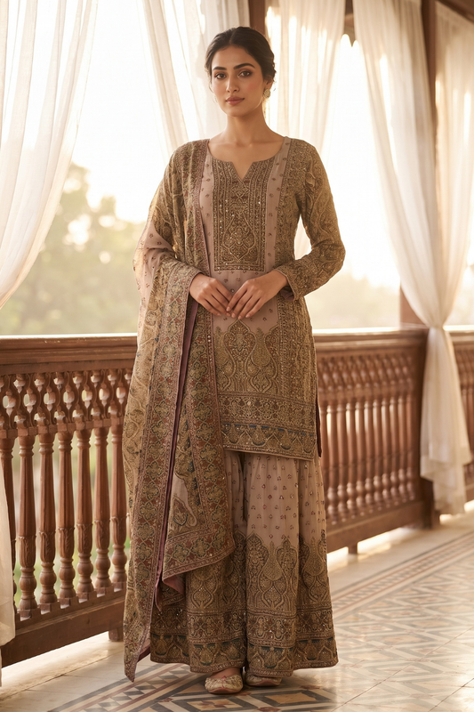 Onion Crepe Readymade Sharara Set With Chinon Dupatta