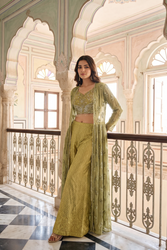 Pista Georgette Readymade Sharara Set With Shrug