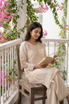 Off White Chinon Readymade Suit Set With Chinon Dupatta