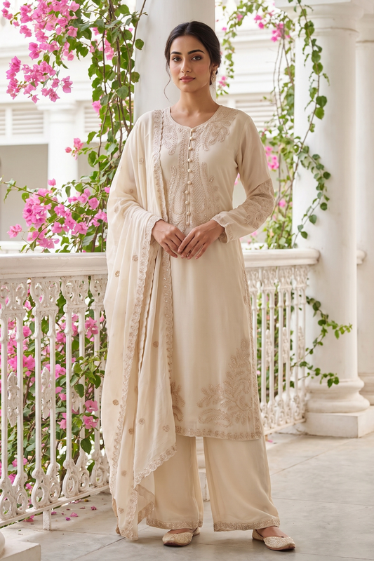 Off White Chinon Readymade Suit Set With Chinon Dupatta