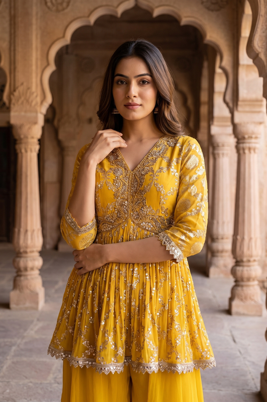 Mango Gold Georgette Readymade Sharara Set With Net Dupatta