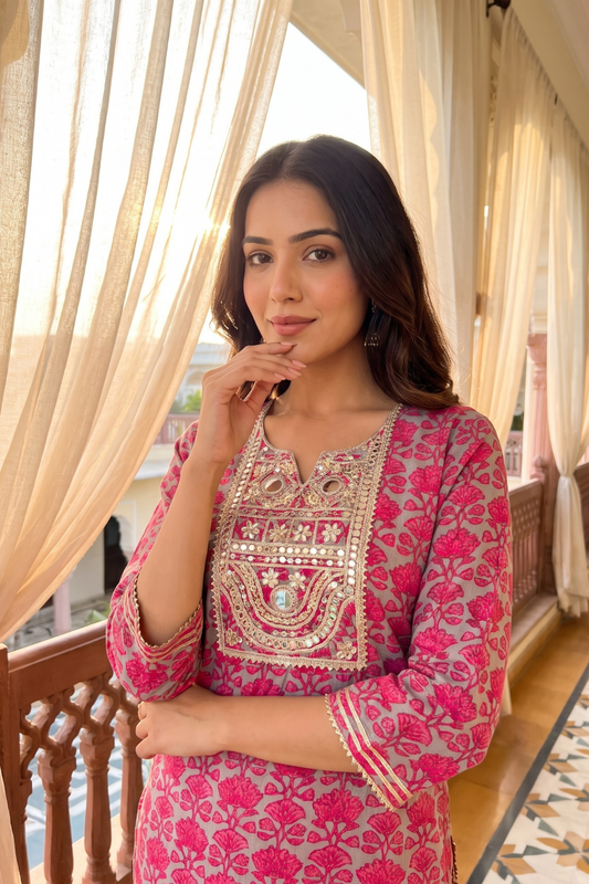 Grey Rani Crepe Readymade Suit Set With Chiffon Dupatta