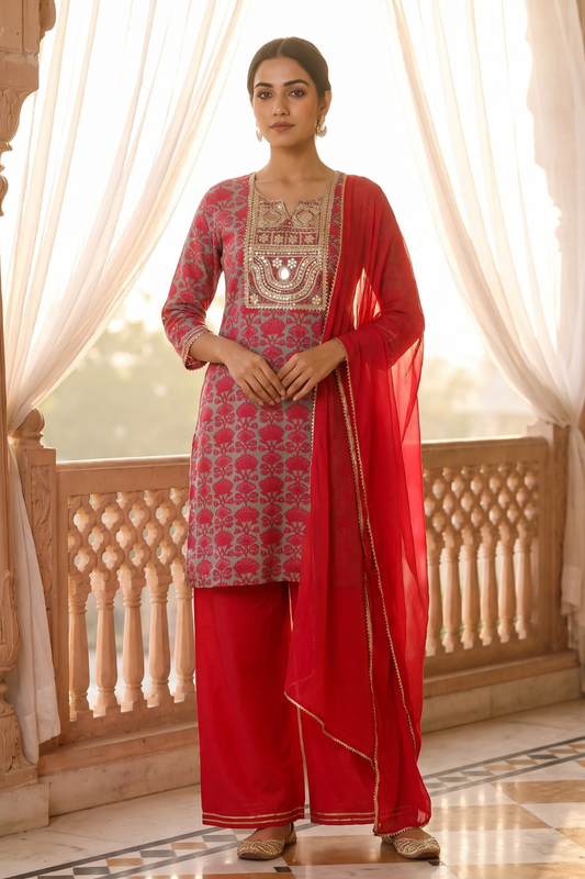 Grey Rani Crepe Readymade Suit Set With Chiffon Dupatta