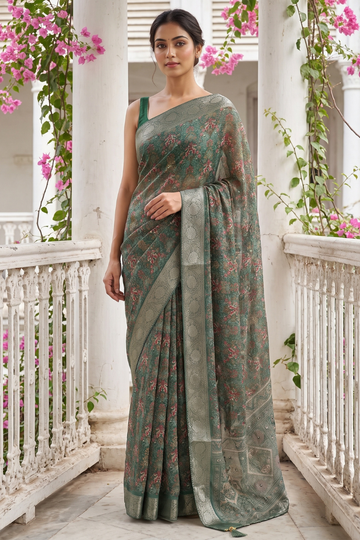 Mint Green Georgette Saree With Unstitched Blouse