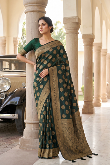 Bottle Green Banarasi Silk Saree With Unstitched Blouse