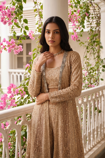 Tusser Shaded Georgette Readymade Sharara Set With Shrug