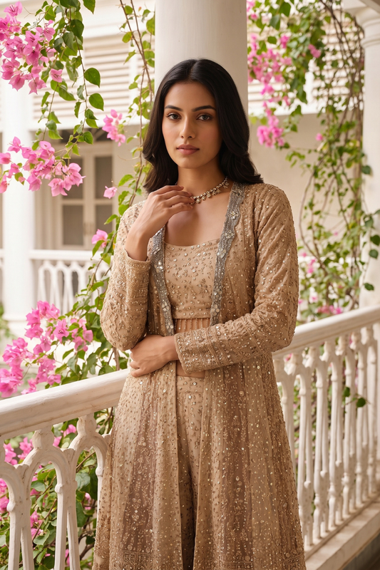 Tusser Shaded Georgette Readymade Sharara Set With Shrug