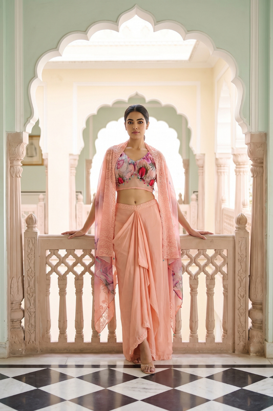 Peach Organza Readymade Dhoti Skirt Set With Shrug