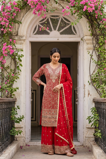 Red Georgette Readymade Suit Set With Georgette Dupatta