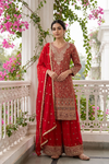 Red Georgette Readymade Suit Set With Georgette Dupatta
