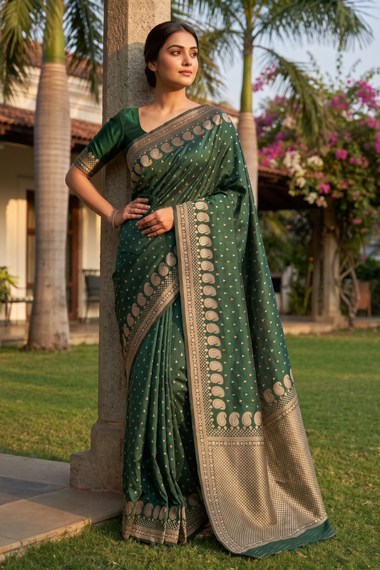 Bottle Green Banarasi Silk Saree With Unstitched Blouse