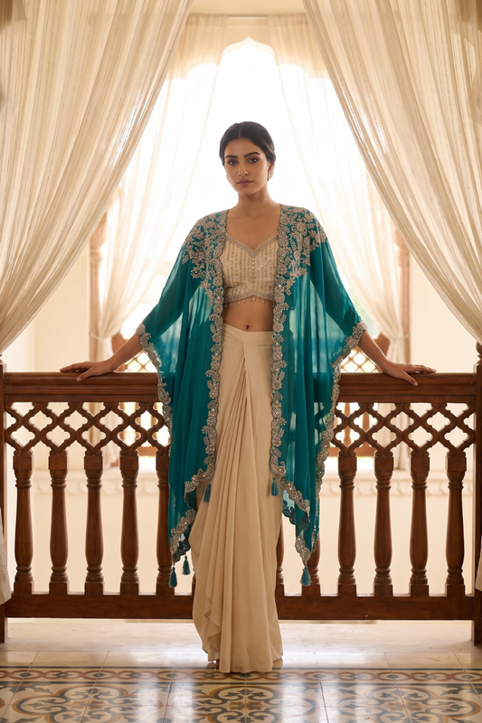 Rama Tussar Rani Chinon Readymade Dhoti Skirt Set With Shrug