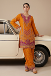 Mustard Crepe Readymade Suit Set With Chinon Dupatta