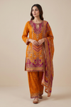Mustard Crepe Readymade Suit Set With Chinon Dupatta