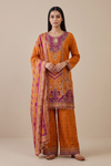 Mustard Crepe Readymade Suit Set With Chinon Dupatta